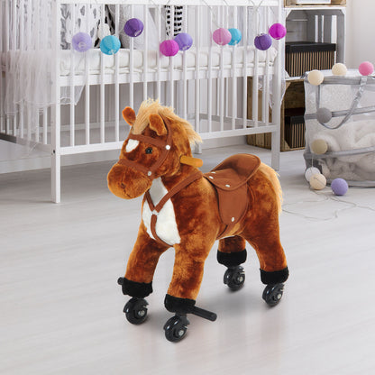 HOMCOM Rocking Horse Kids Ride on Walking Horse Animal Pony Wheeled Riding Plush Toy w/Sound for 3 Years and Up (Brown) 