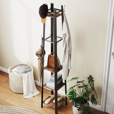 HOMCOM Industrial-Style Four Shelf Coat Stand - Brown/Black 