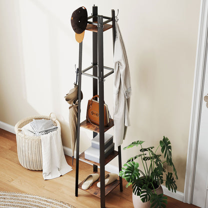 HOMCOM Industrial-Style Four Shelf Coat Stand - Brown/Black