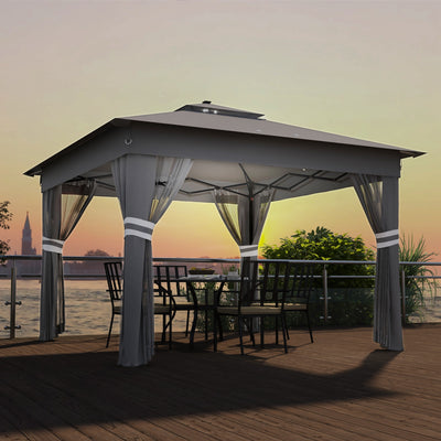 Outsunny 3 x 3(m) Pop Up Gazebo Party Tent with Solar-Powered LED Lights, Adjustable Event Shelter with Netting, Grey 