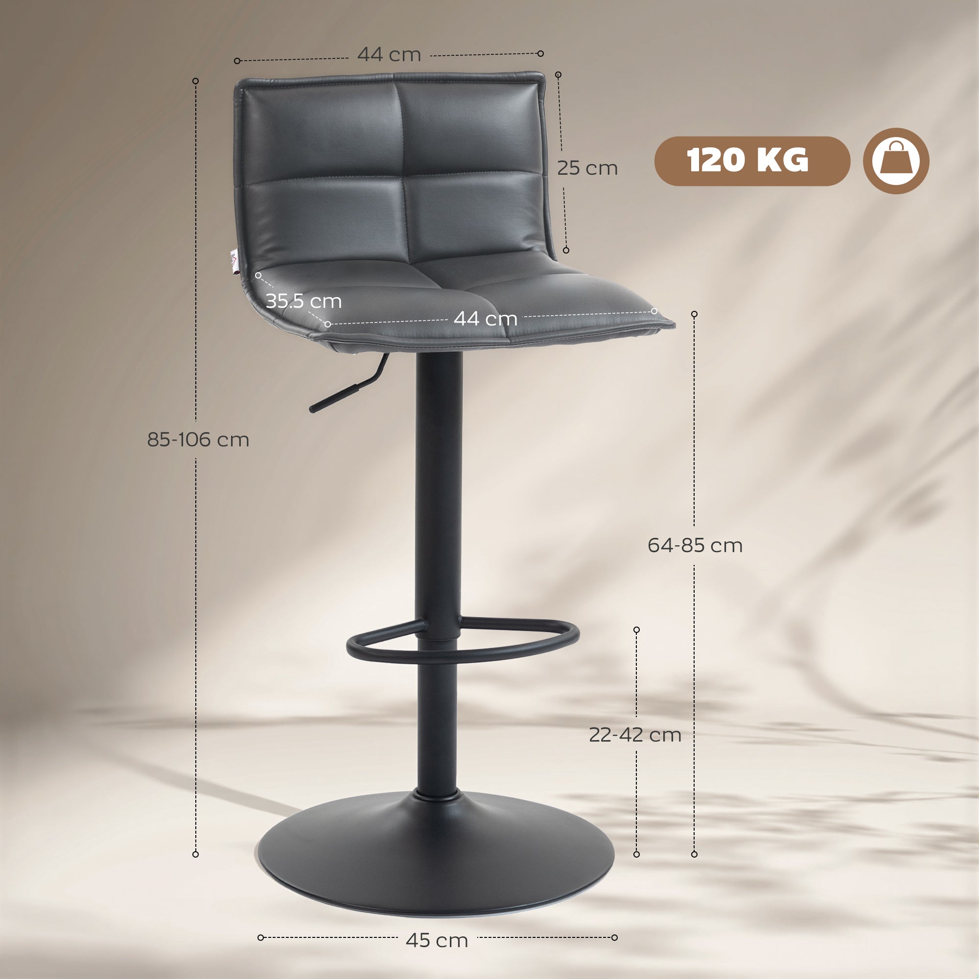 HOMCOM Set of Two Modern Faux Leather Bar Stools - Dark Grey 