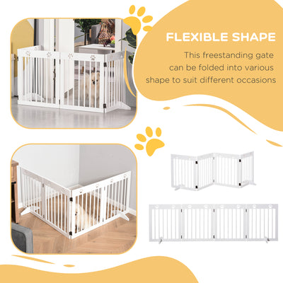PawHut Freestanding Pet Gate 4 Panel Wooden Dog Barrier Folding Safety Fence with Support Feet up to 204cm Long 61cm Tall for Doorway Stairs White 