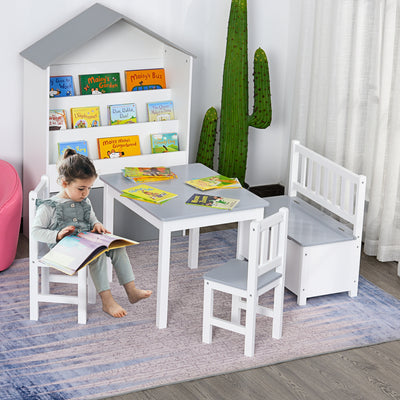 HOMCOM 4-Piece Kids Table and Chair Set with 2 Wooden Chairs, 1 Storage Bench, and Interesting Modern Design, Grey/White 