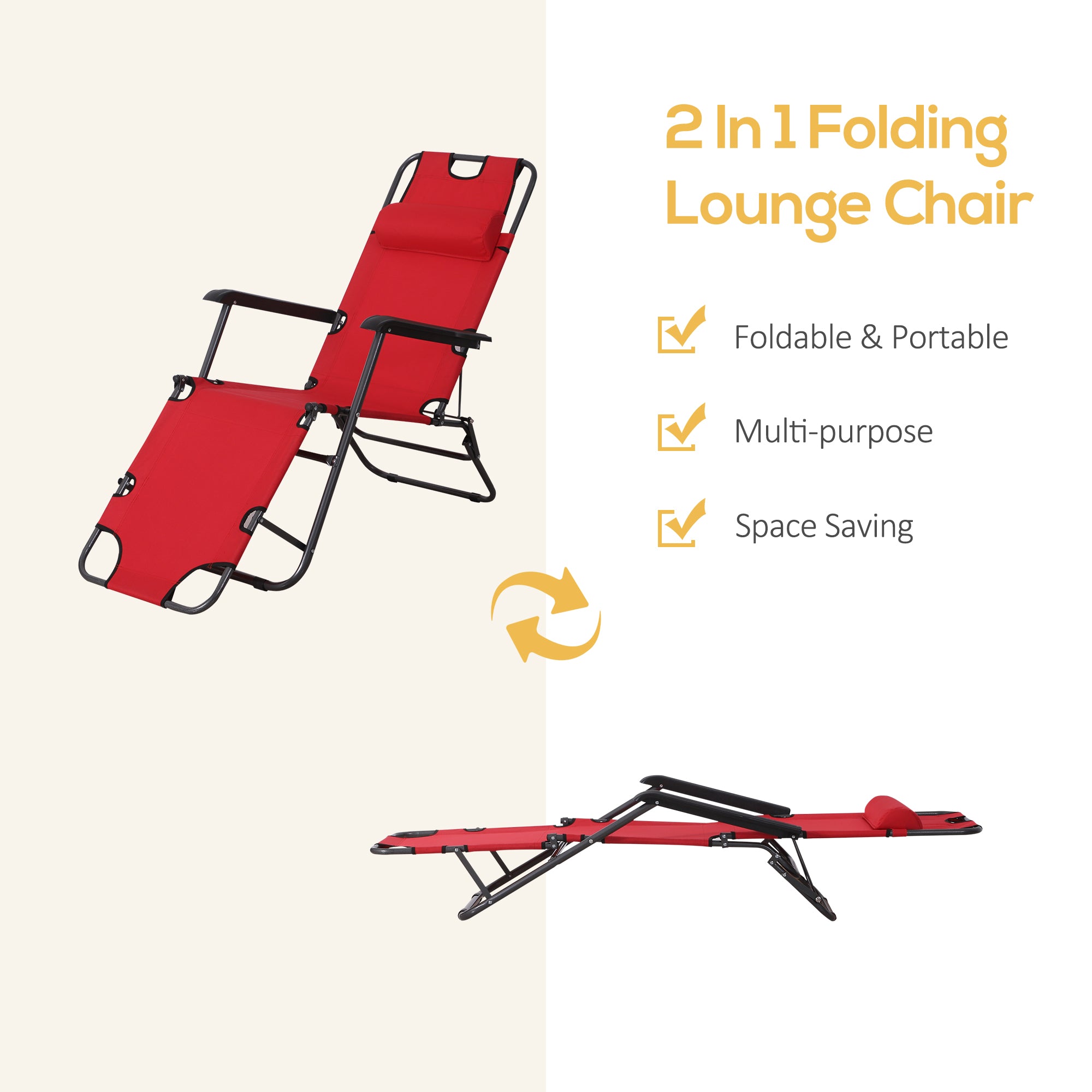 Outsunny 2 in 1 Sun Lounger Folding Reclining Chair Garden Outdoor Camping Adjustable Back with Pillow, Red 