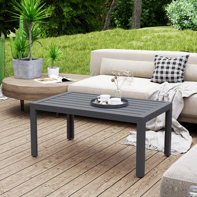 Outsunny Outdoor Side Table, Rectangular Patio Coffee Side Table with Steel Frame and Slat Tabletop for Garden, Balcony, Grey 