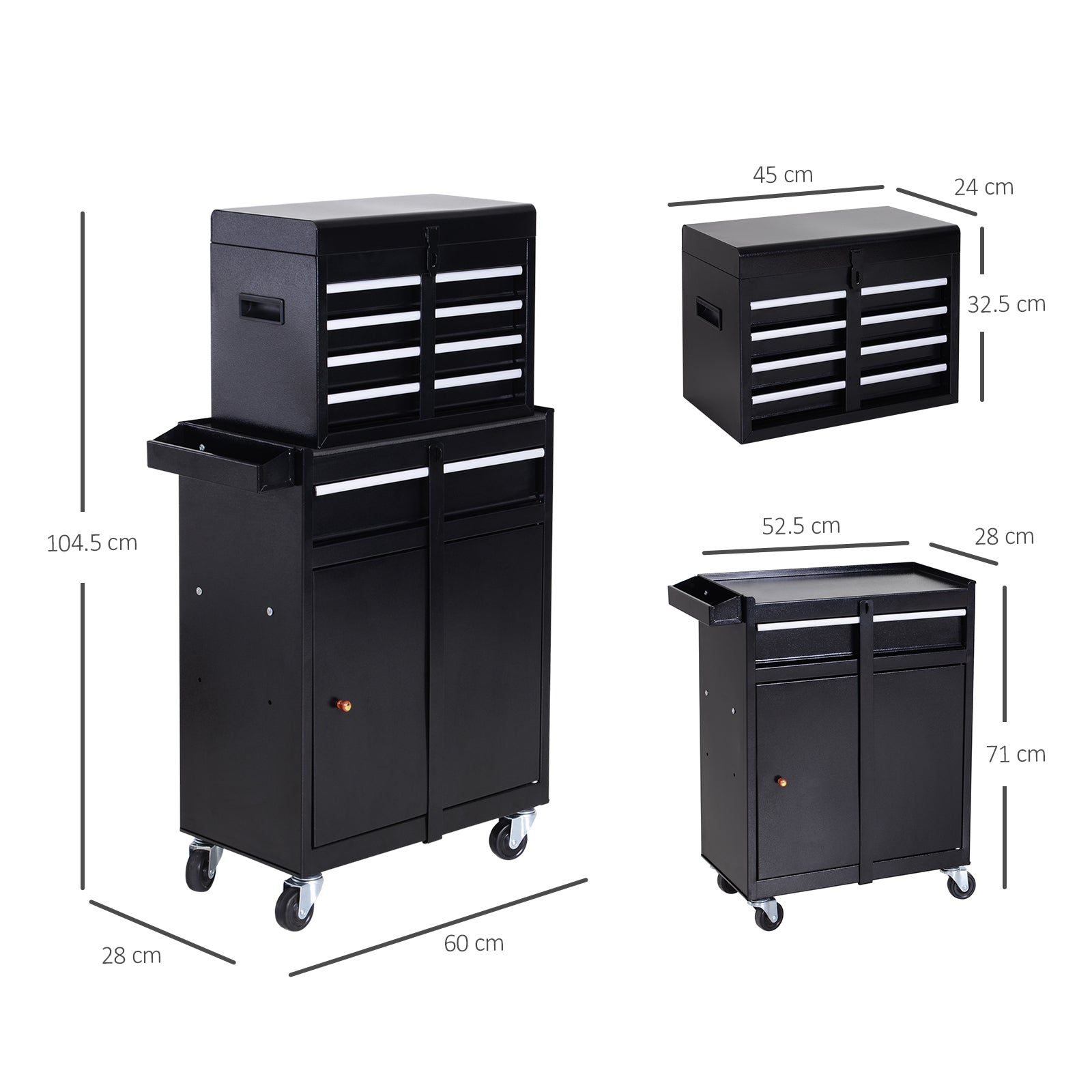 DURHAND Tool Chest 2 in 1 Metal Tool Cabinet Storage Box with 5 Drawers Pegboard Wheels 60x28x104.5cm Black 