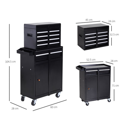 DURHAND Tool Chest 2 in 1 Metal Tool Cabinet Storage Box with 5 Drawers Pegboard Wheels 60x28x104.5cm Black 