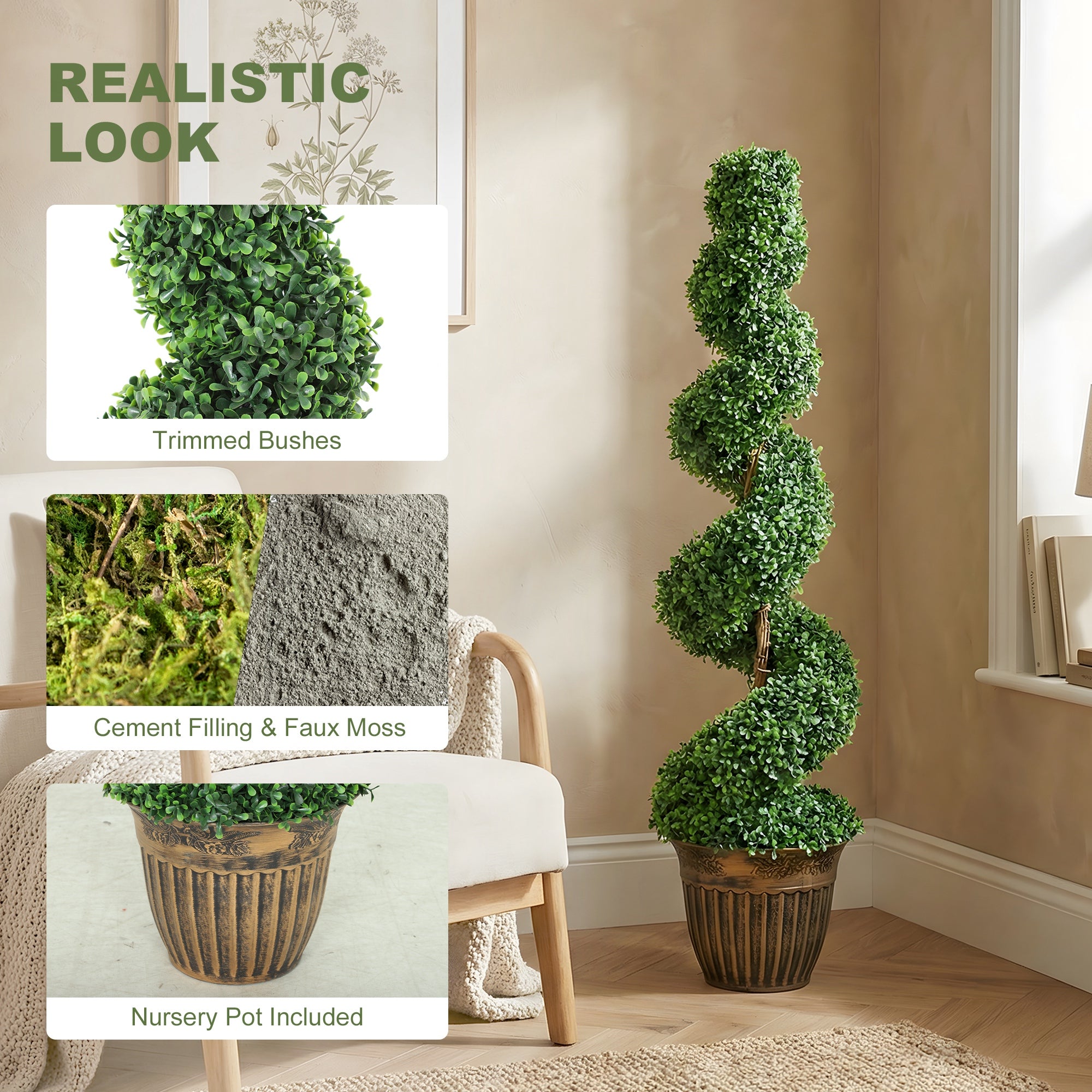 HOMCOM Set of 2 Artificial Plants, Topiary Spiral Boxwood Trees with Pot, for Home Indoor Outdoor Decor, 120cm 