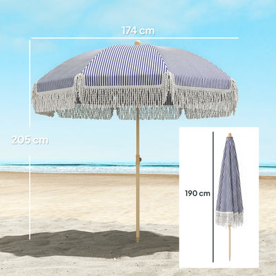 Outsunny 1.7 m Beach Umbrella with Sand Anchor, 30° Tilting Fringed Beach Garden Parasol with Adjustable Height, Blue 