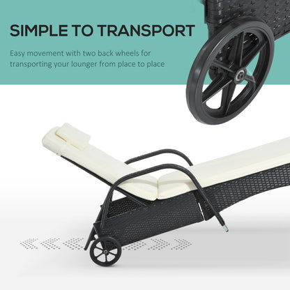 Outsunny Garden Rattan Furniture Single Sun Lounger Recliner Bed Reclining Chair Patio Outdoor Wicker Weave Adjustable Headrest with Fire Retardant Cushion - Black 