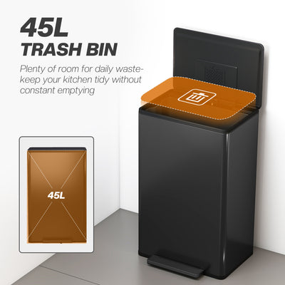 HOMCOM 45L Kitchen Bin, Pedal Bin with Soft-Close and Stay-Open Lid, Removable Inner Bucket, Odor Control for Kitchen, Office 