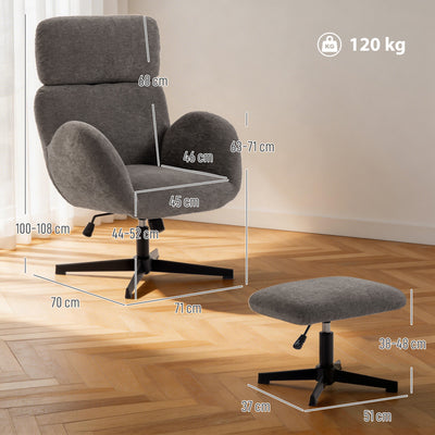 HOMCOM Swivel Armchair and Footstool Set, Height Adjustable Accent Chair with Adjustable Headrest, Rocking Function, Grey 