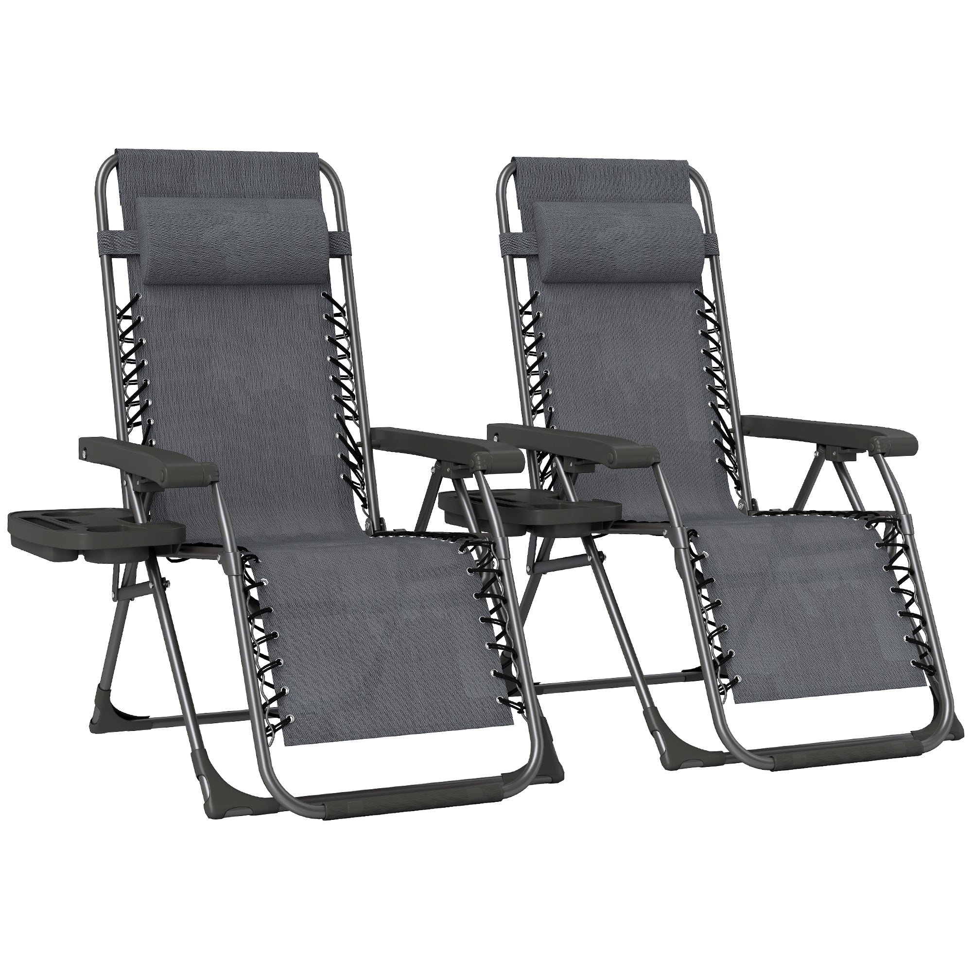 Outsunny Zero Gravity Chairs Set of 2, Folding Sunloungers Reclining Garden Chairs with Cup Holder, Headrest, Dark Grey 