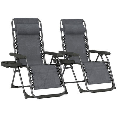 Outsunny Zero Gravity Chairs Set of 2, Folding Sunloungers Reclining Garden Chairs with Cup Holder, Headrest, Dark Grey 