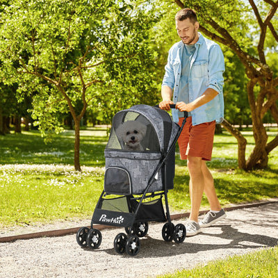 PawHut Foldable Pet Stroller for Dogs, Puppy Stroller, with Large Carriage, Brakes, Canopy - Grey 