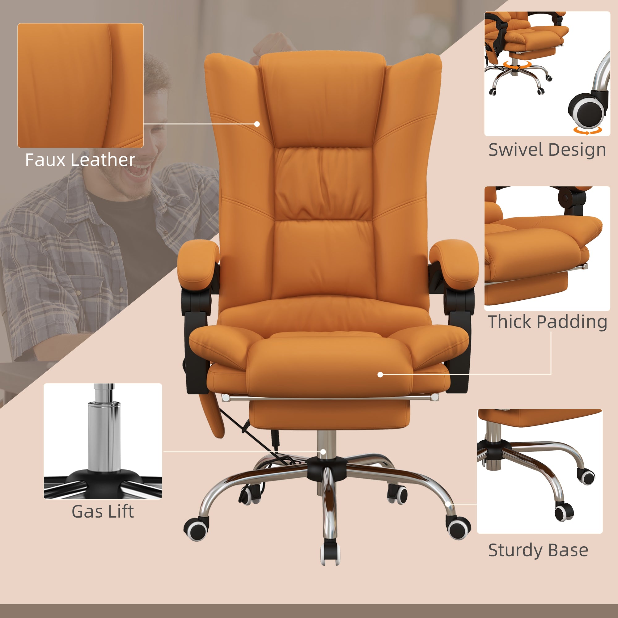 Vinsetto High Back Vibration Massage Office Chair, Heated Reclining PU Leather Computer Chair with 135\'c2\'b0 Reclining Back and Footrest, Light Brown