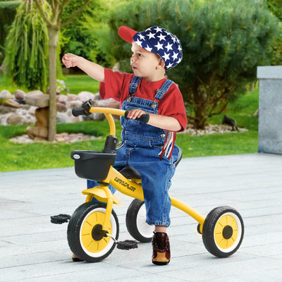 AIYAPLAY Kids Trike, Tricycle, with Adjustable Seat, Basket, Bell, for Ages 2-5 Years - Yellow 