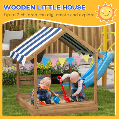 Outsunny House-Designed Wooden Sandbox, Outdoor Sandpit, with Blackboard, Toys, Sink, Seats, Flags, for Ages 3-7 Years - Brown 