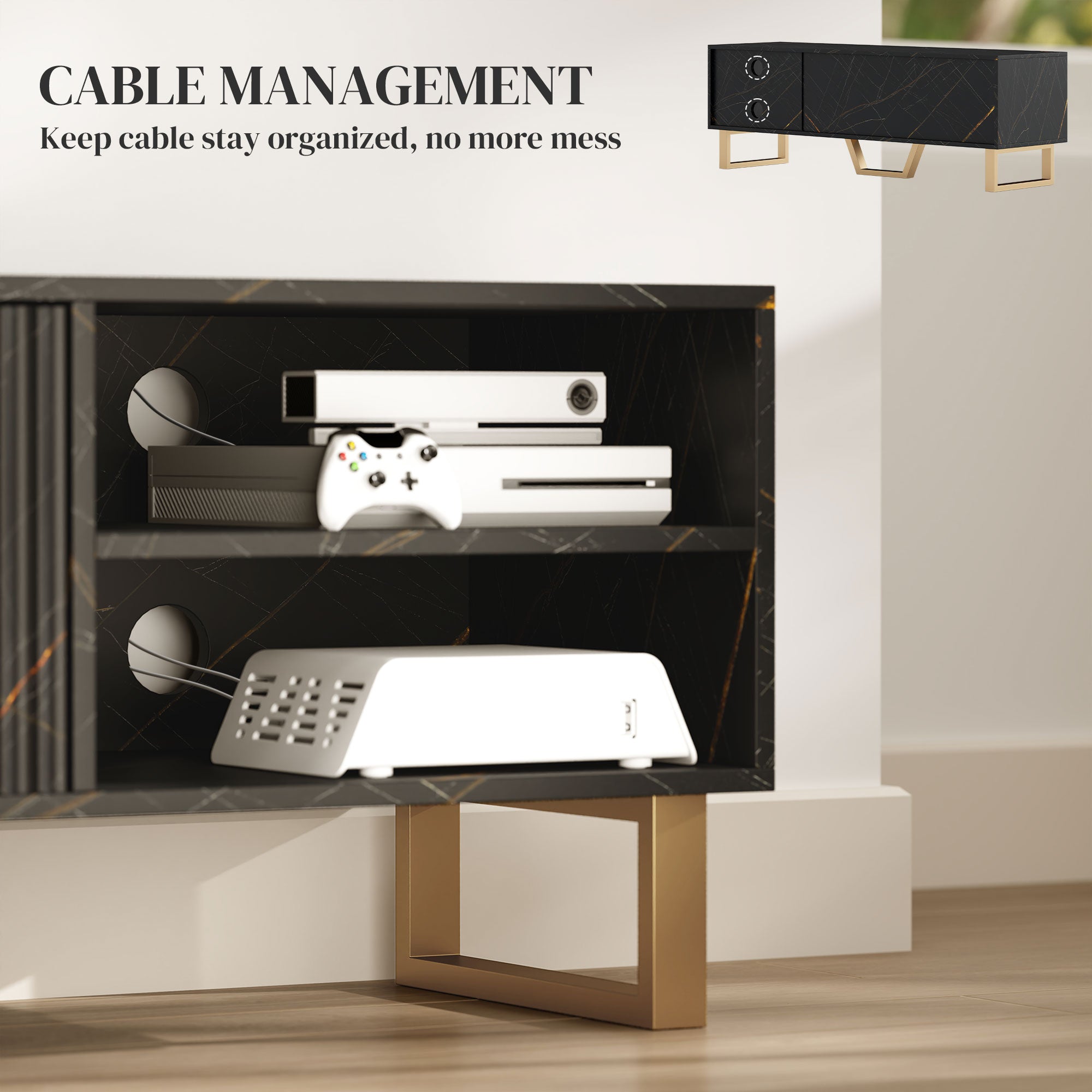 HOMCOM Marble Effect TV Unit, TV Stand Cabinet for up to 70" TVs, Modern TV Cabinet with Shelves and Storage Cupboard, Fluted Door, Extra Centre Leg, Cable Management for Living Room, Black 