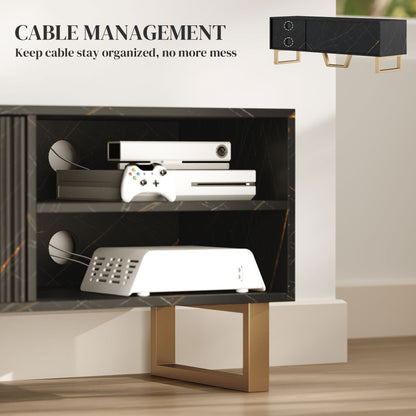 HOMCOM Marble Effect TV Unit, TV Stand Cabinet for up to 70" TVs, Modern TV Cabinet with Shelves and Storage Cupboard, Fluted Door, Extra Centre Leg, Cable Management for Living Room, Black 