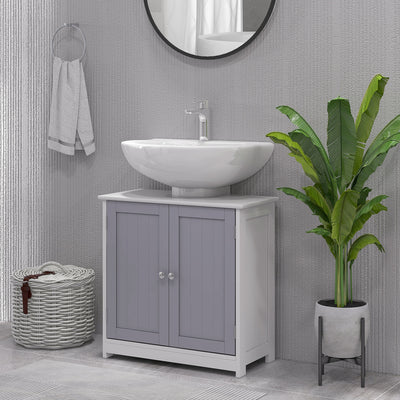 kleankin 60x60cm Under-Sink Storage Cabinet w/ Adjustable Shelf Handles Drain Hole Bathroom Cabinet Space Saver Organizer White and Grey 