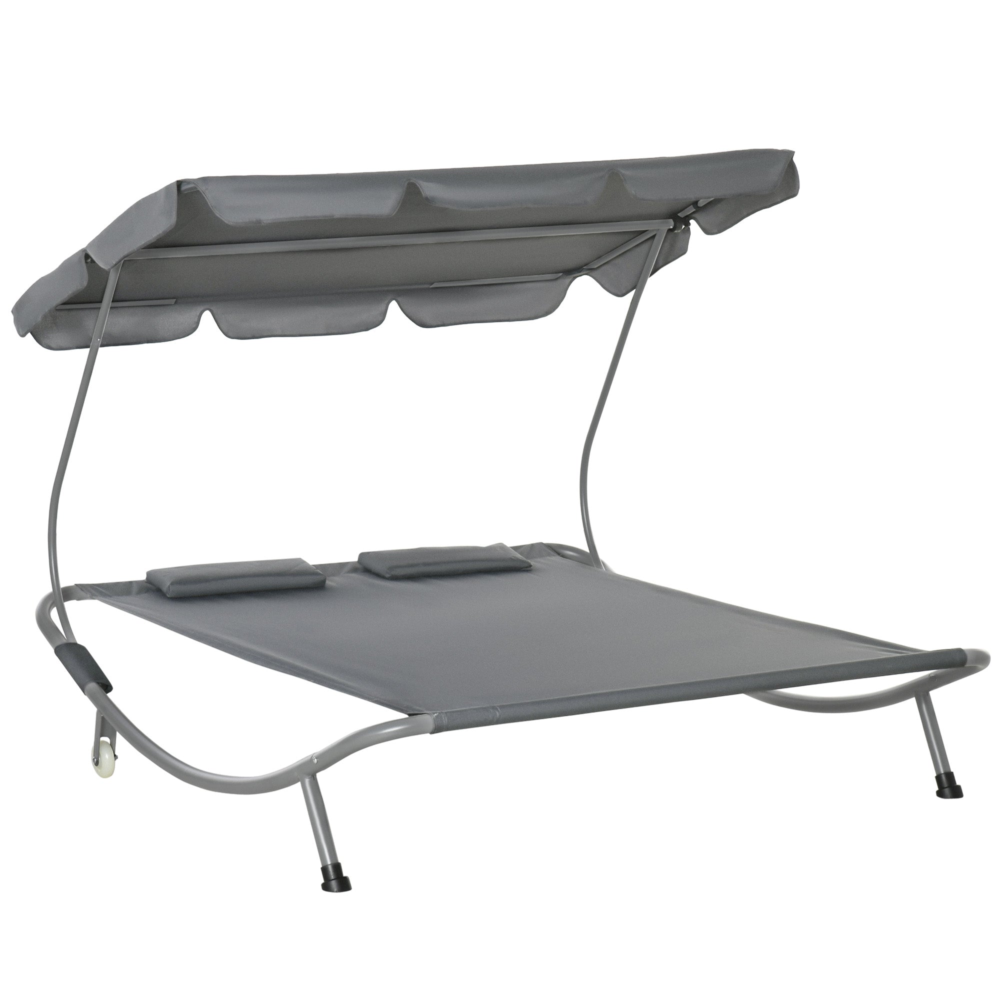 Outsunny Double Hammock Sun Lounger Bed with Canopy Shelter, Wheels & 2 Pillows, Grey 