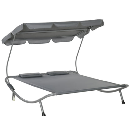 Outsunny Double Hammock Sun Lounger Bed with Canopy Shelter, Wheels & 2 Pillows, Grey 