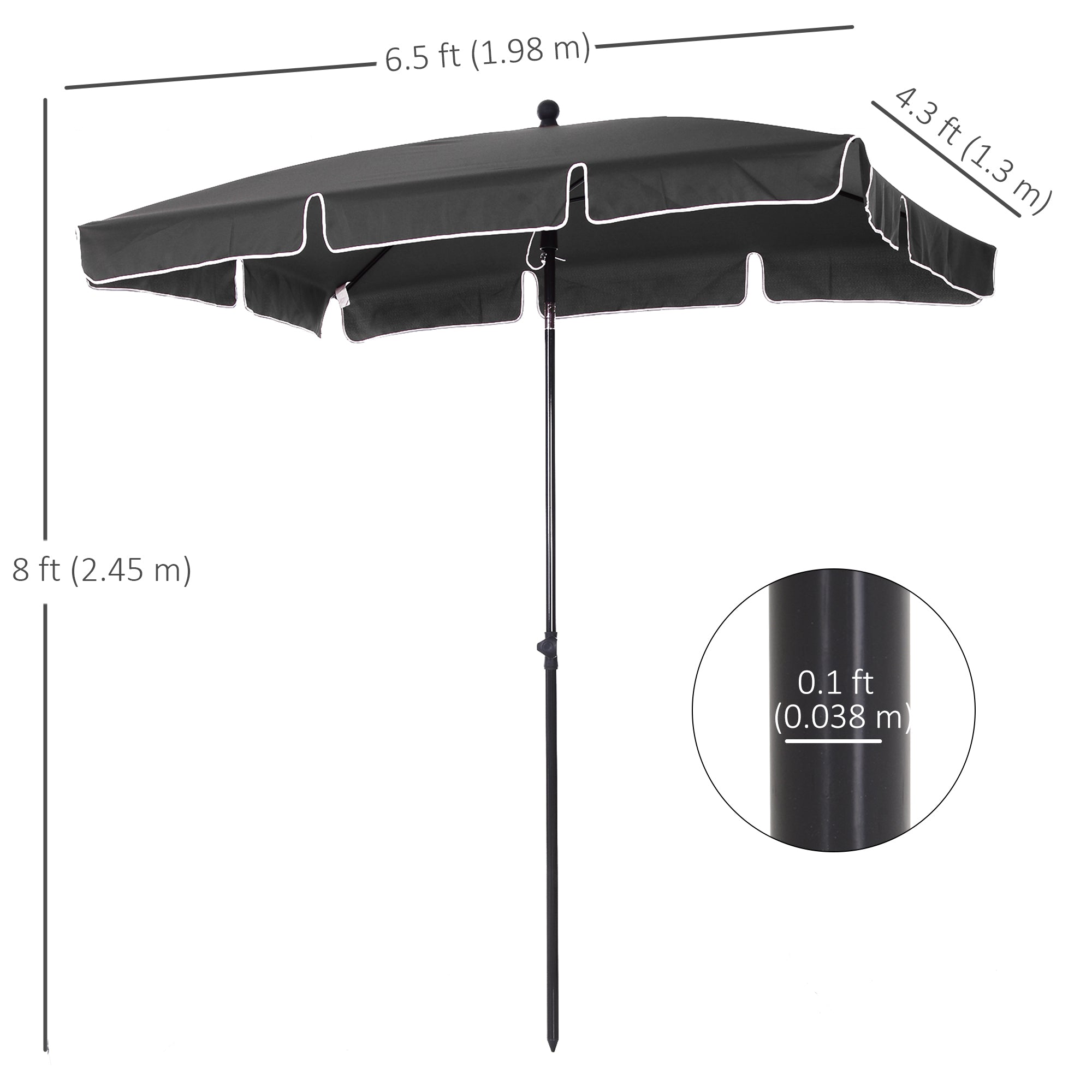 Outsunny Garden Parasol Umbrella, Outdoor Market Table Umbrella with Ruffles & Aluminium Pole, Rectangular Tilting Parasol Sun Shade Canopy, 2 x 1.3m, Grey 