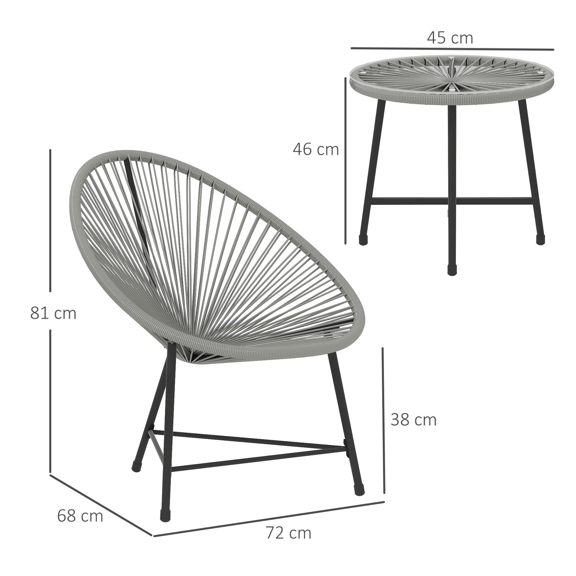 Outsunny 3 Pieces Rattan Bistro Set, Garden Bistro Set with Acapulco Chairs and Glass Top Table, Small Garden Furniture Set with Reinforced Metal Frame for Outdoor, Patio, Balcony, Grey 