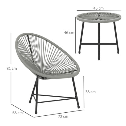 Outsunny 3 Pieces Rattan Bistro Set, Garden Bistro Set with Acapulco Chairs and Glass Top Table, Small Garden Furniture Set with Reinforced Metal Frame for Outdoor, Patio, Balcony, Grey 