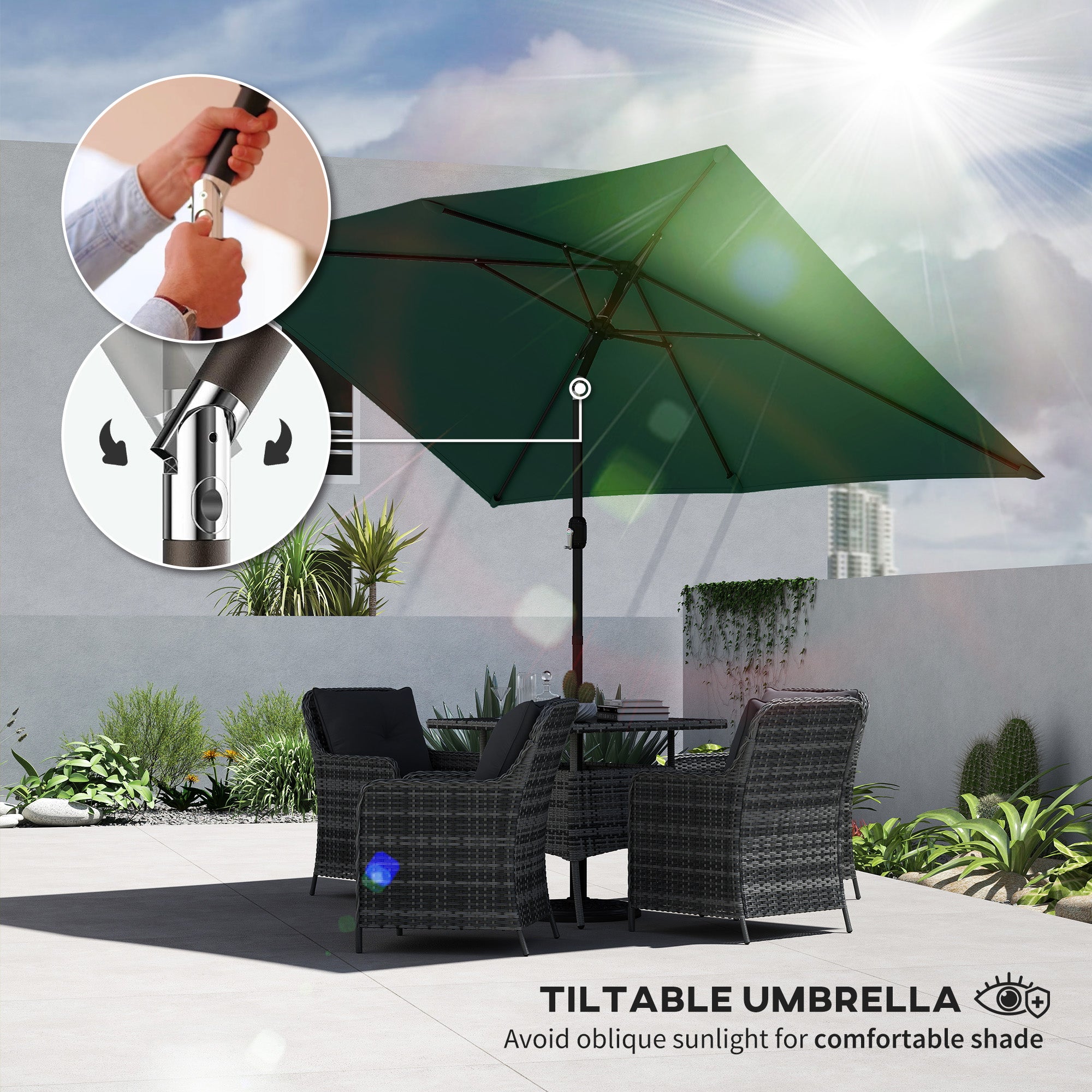 Outsunny Garden Parasol, Parasol Umbrella with Crank Handle, Tilt Function, Polyester Canopy, Green 