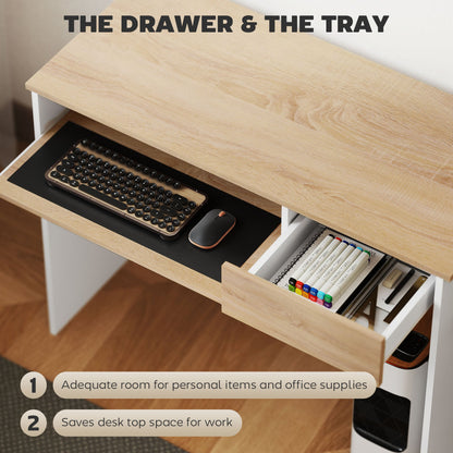 HOMCOM Compact Computer Desk with Keyboard Tray, Home Office Desk with Drawer for Bedroom Study, Oak 