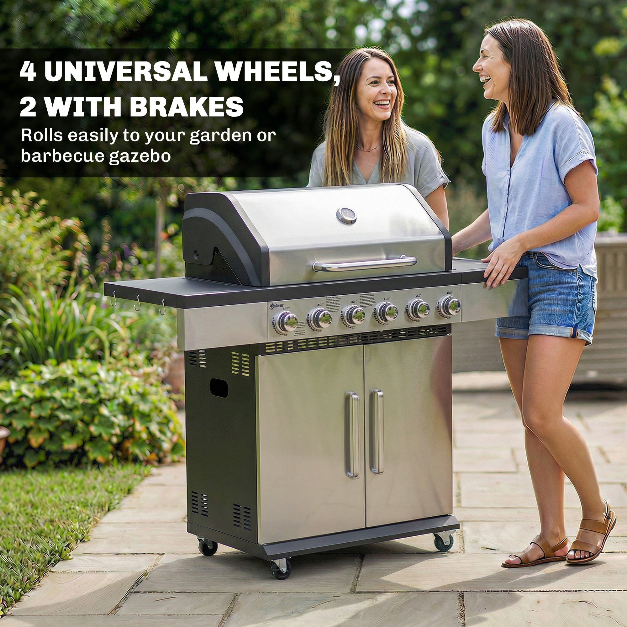 Outsunny 6 Burner Liquid Propane Gas BBQ Grill, Outdoor Portable Gas Barbecue Grill with Warming Rack, Side Tables, Cabinet 