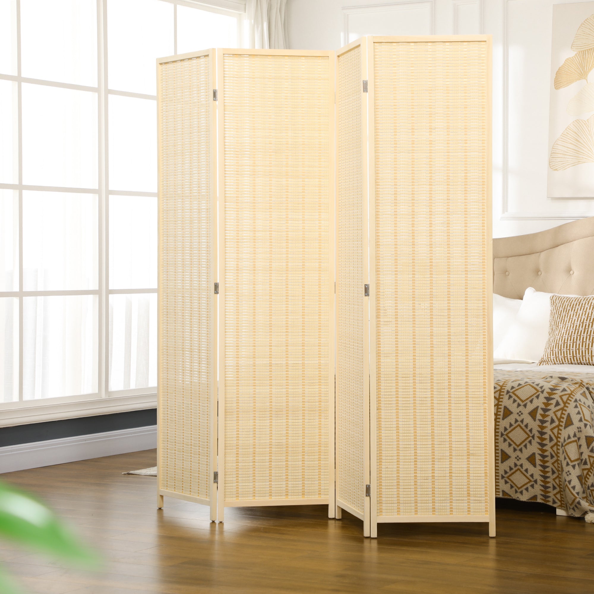 HOMCOM 4 Panel Folding Room Divider Screen, Wall Panel Privacy Furniture, Freestanding Paravent Partition Separator for Living Room, Bedroom and Office, 180 x 180cm, Natural 
