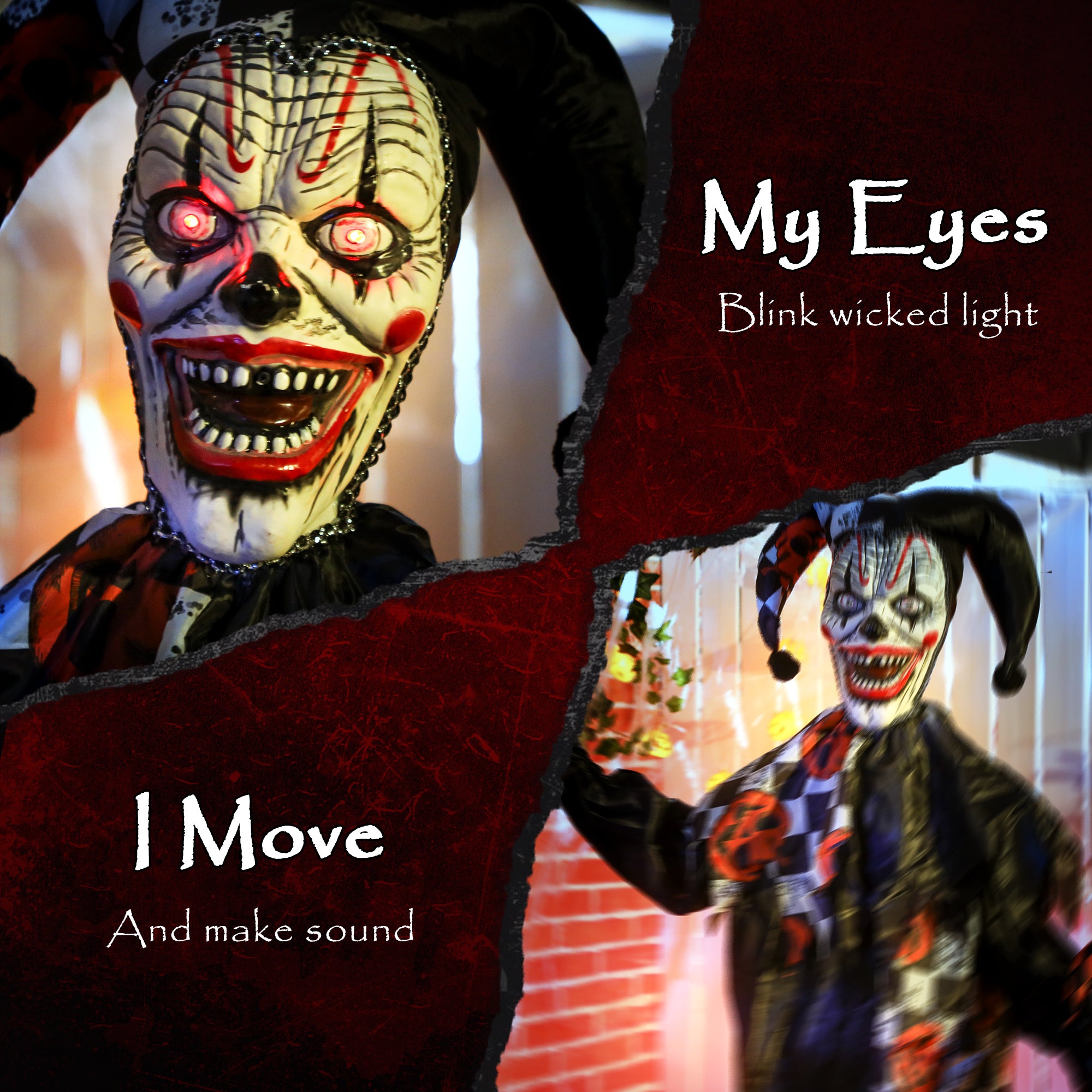 Outsunny 183 cm Life Size Halloween Animated Clown & Skull Staff with Red Light Up Eyes, Sound Activated Moving Arms & Head, Scary Clown Halloween Decorations, Battery Operated, Indoor Party Props