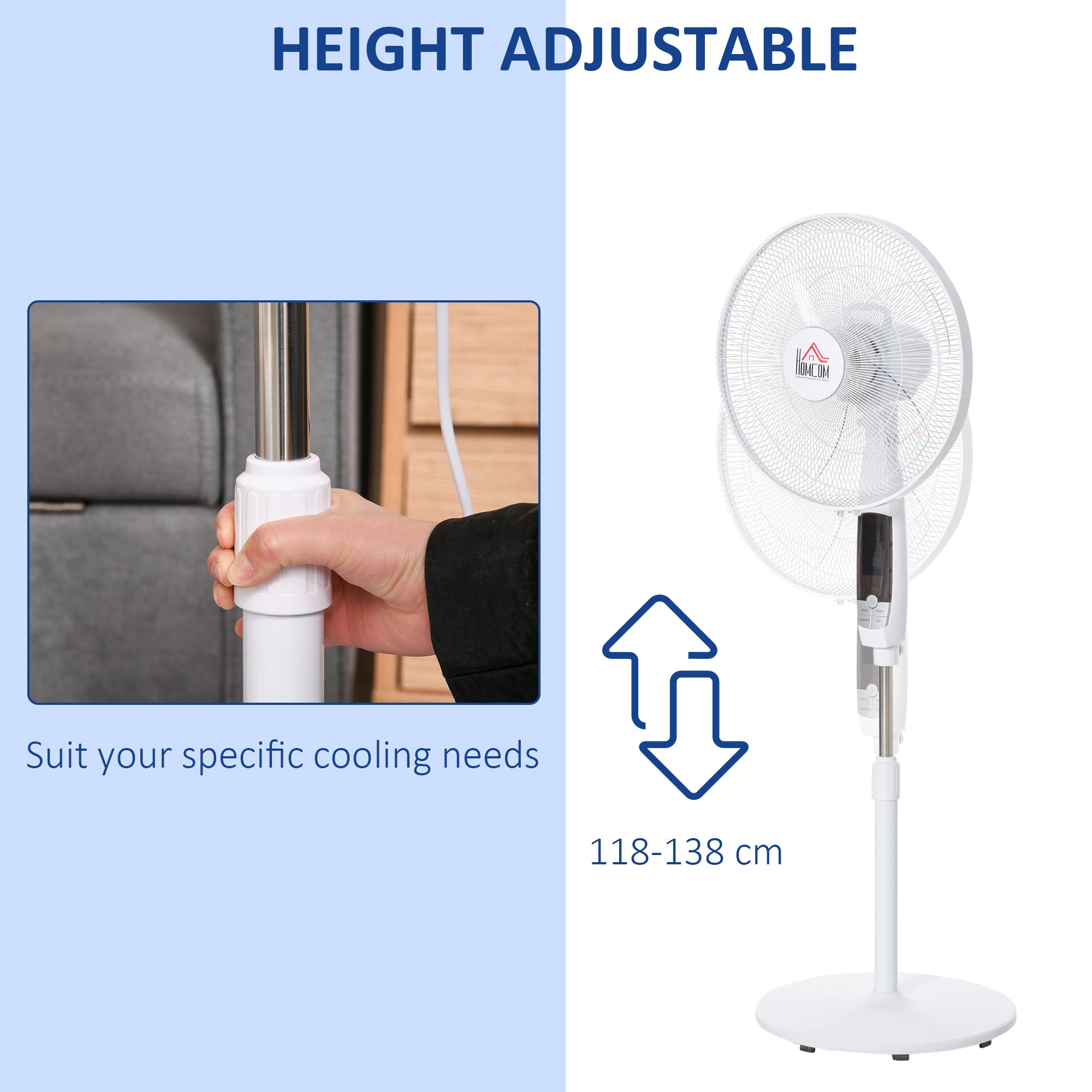 HOMCOM 16'' Pedestal Stand Fan, 3 Speed 3 Mode, 85° Oscillation, LED Panel, 3M Remote Controller, Height Adjustable for Living Room, Bedroom, Garage, Office, Black and White 