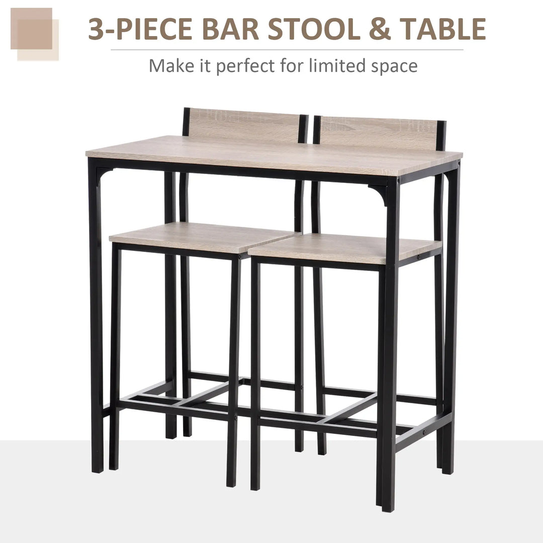 HOMCOM 3 Pcs Table Stool Set Industrial Design w/ Metal Frame Oak Tone MDF Panels Minimal Compact Beautiful 
