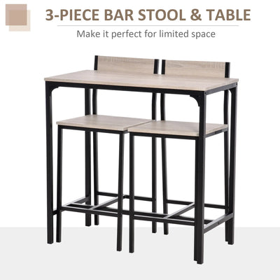 HOMCOM 3 Pcs Table Stool Set Industrial Design w/ Metal Frame Oak Tone MDF Panels Minimal Compact Beautiful 