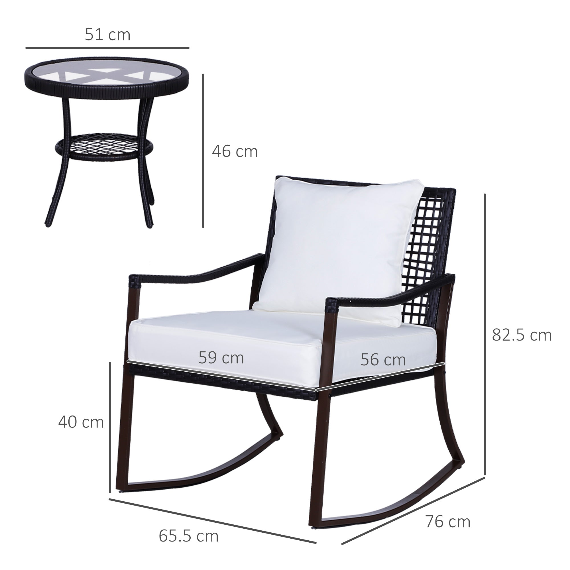 Outsunny Rattan Bistro Set, 3 Pieces Wicker Garden Furniture Set with Rocking Chairs and Round Glass Top Coffee Table, Small Balcony Furniture with Cushions for Outdoor, Porch, Brown 