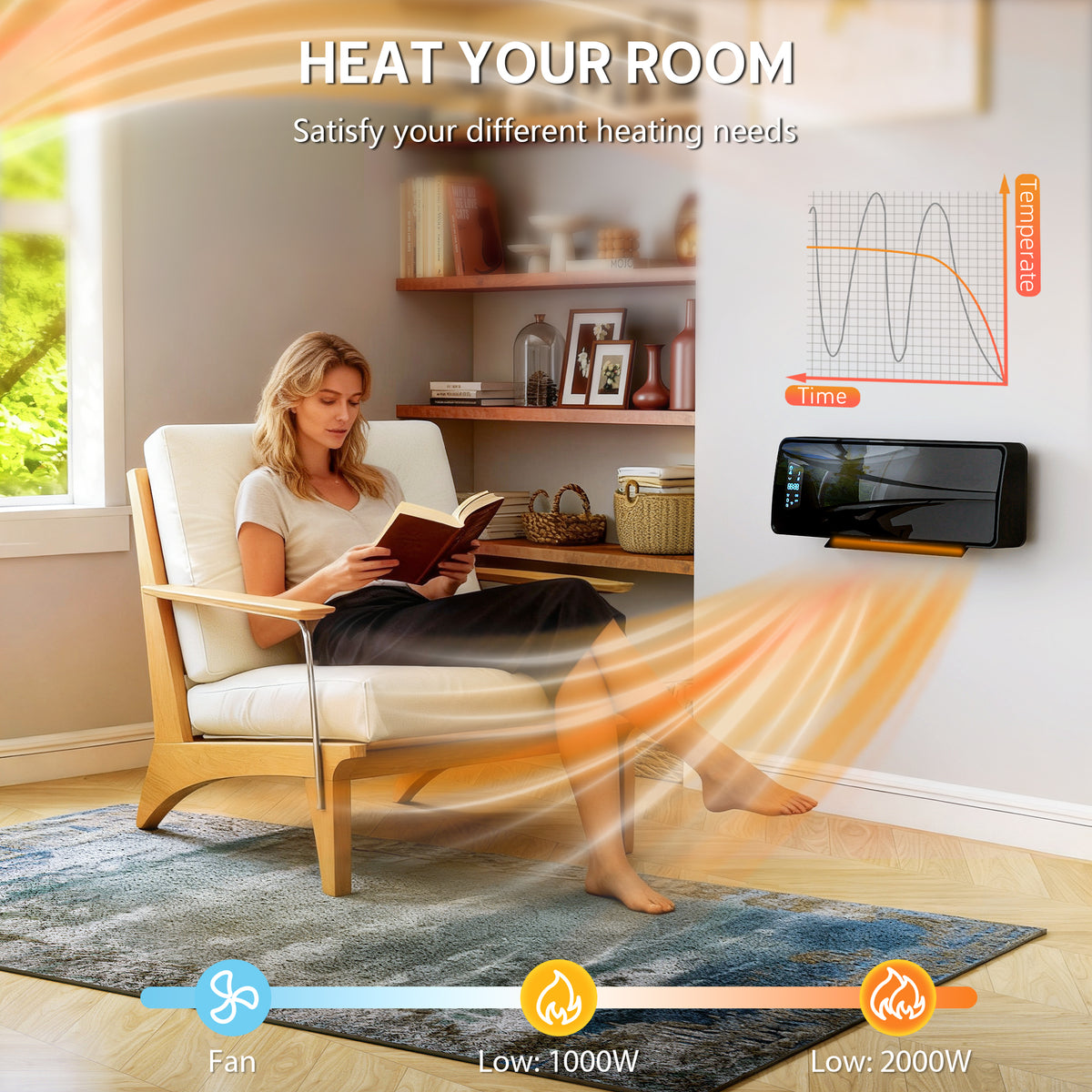 HOMCOM 2000W PTC Ceramic Fan Heater, Wall Mounted, 30° Oscillation, 54L x 18.7W x 14.5H cm - Black