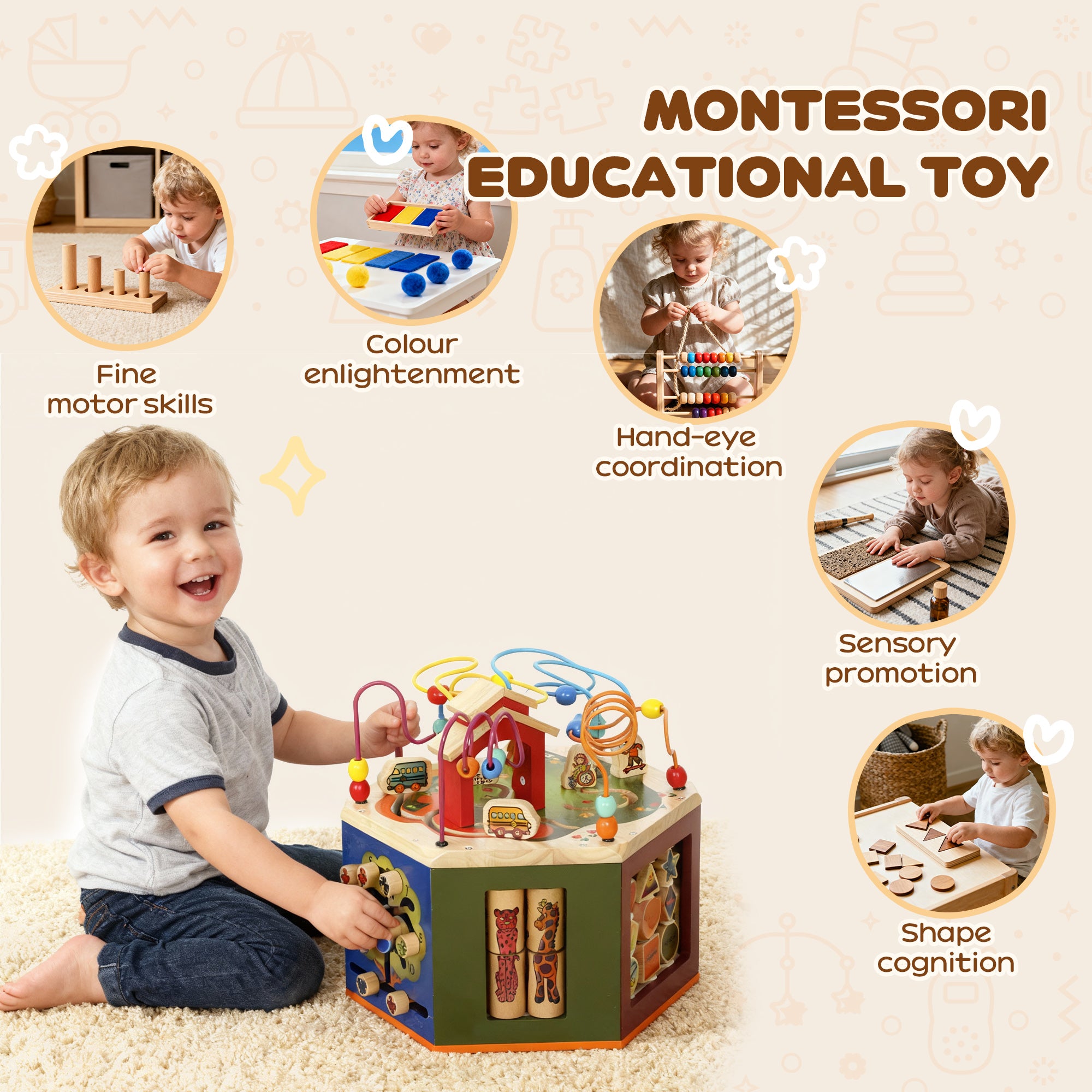 AIYAPLAY 8 in 1 Wooden Activity Cube with Bead Maze, Shape Sorter, for Kids Boys Girls 18+ Months 