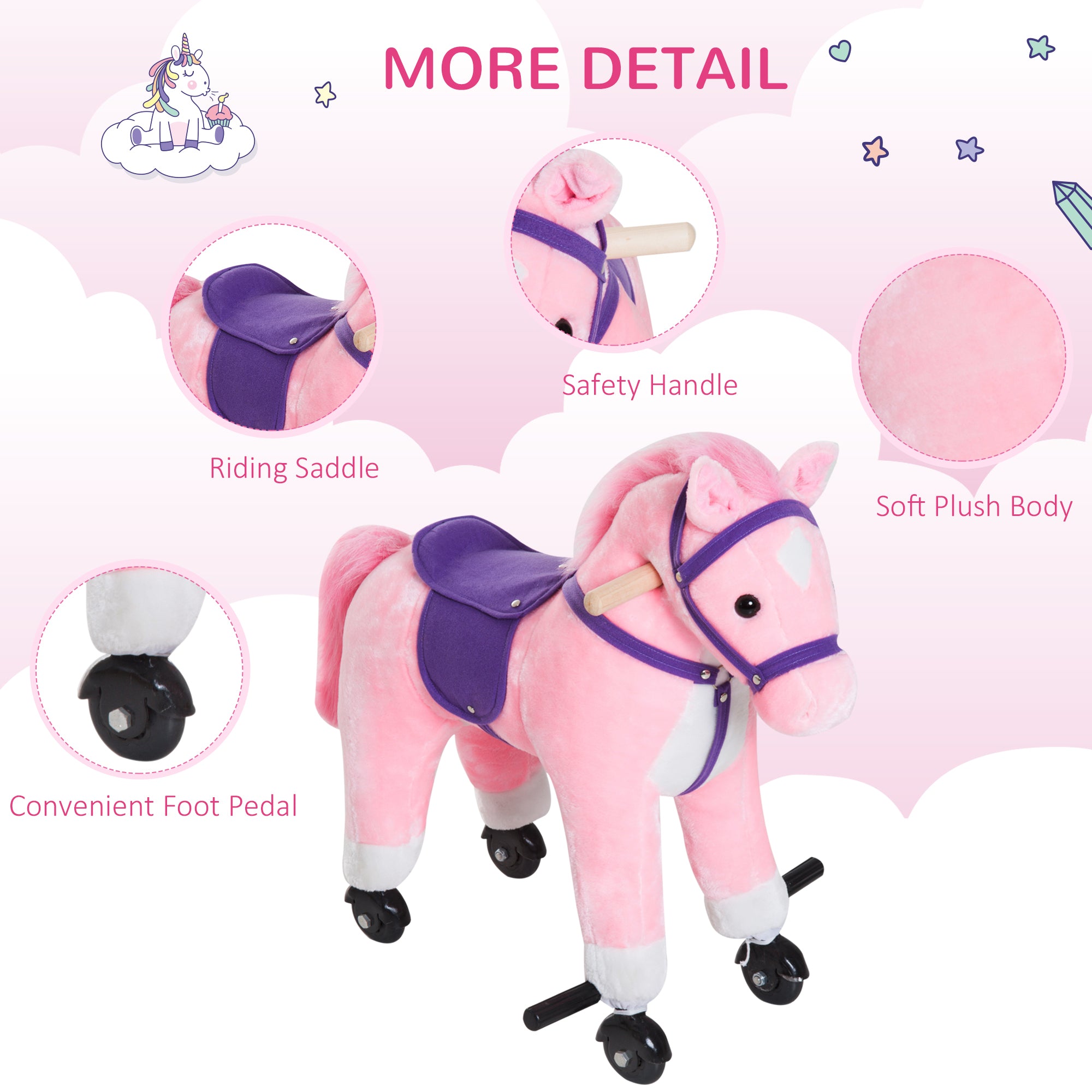 HOMCOM Rocking Horse Kids Ride on Walking Horse Animal Pony Wheeled Riding Plush Toy w/Sound for 3 Years and Up (Pink) 