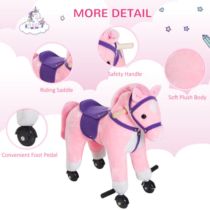 HOMCOM Rocking Horse Kids Ride on Walking Horse Animal Pony Wheeled Riding Plush Toy w/Sound for 3 Years and Up (Pink) 