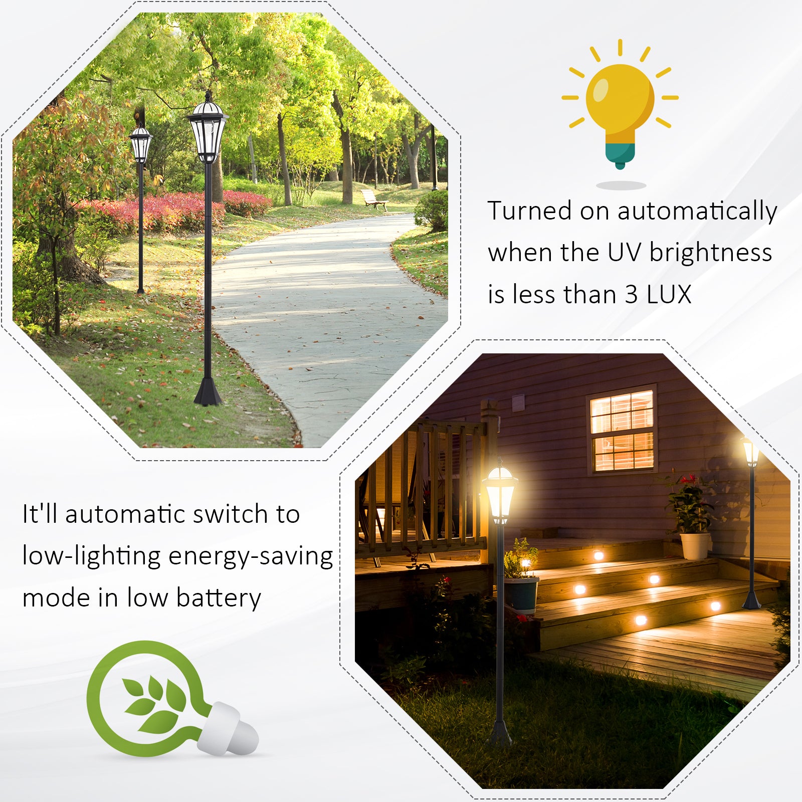 Outsunny 2 PCS LED Garden Lights Lamp Post Solar Powered Lantern Patio Pathway Walkway Outdoor Water-Resist Auto Switch 6 Hours Black 