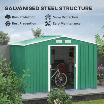 Outsunny 9 x 6ft Metal Garden Shed, Outdoor Storage Tool House with Ventilation Slots, Foundation Kit and Lockable Double Doors, Green 