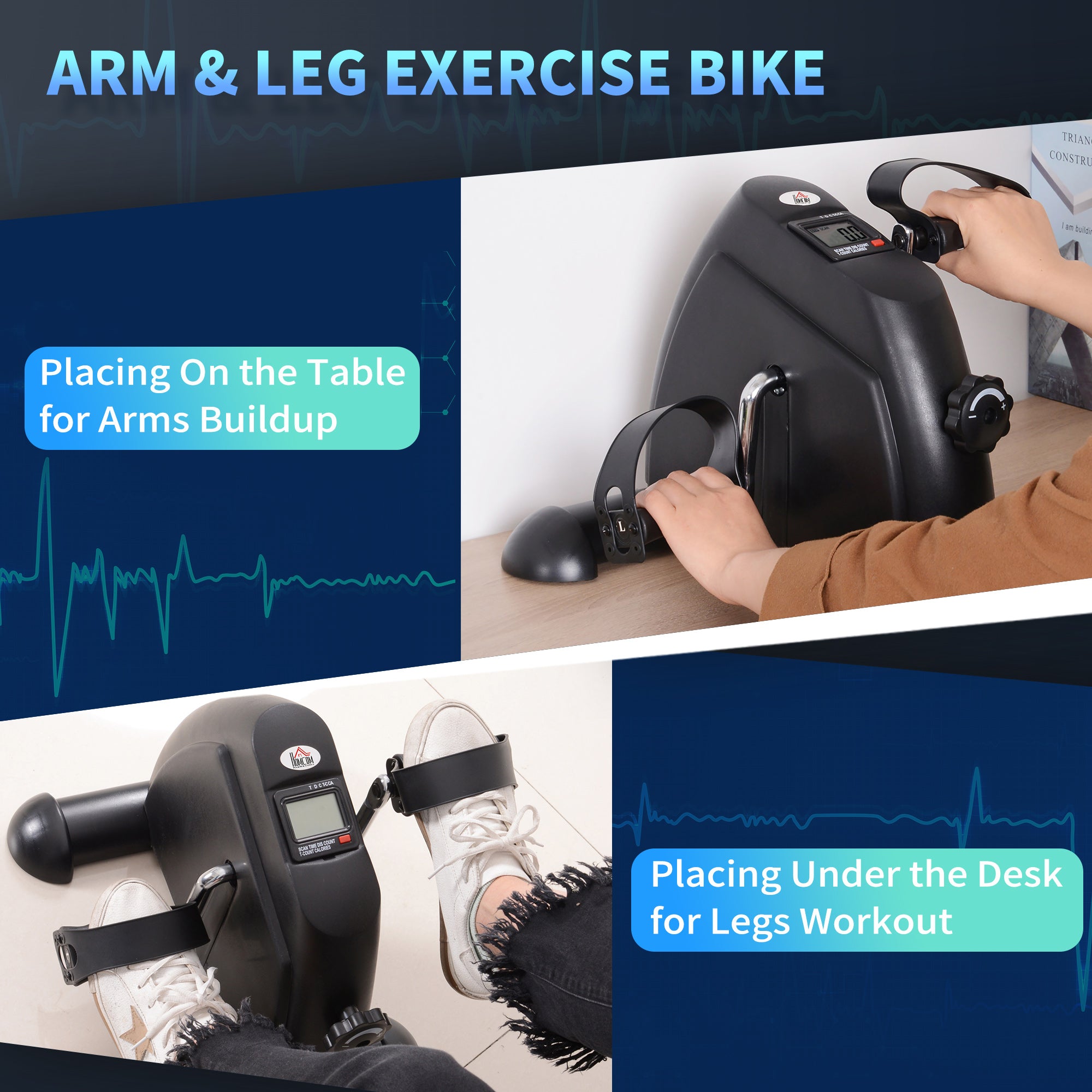 HOMCOM Mini Exercise Bike, Portable Pedal Exerciser, Under Desk Bike with LCD Display for Legs and Arms Training, Black 