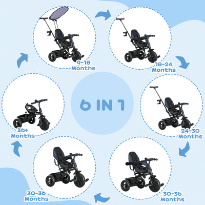 HOMCOM 6 in 1 Tricycle for Kids with 5-point harness straps, Removable Canopy, Dark Blue 
