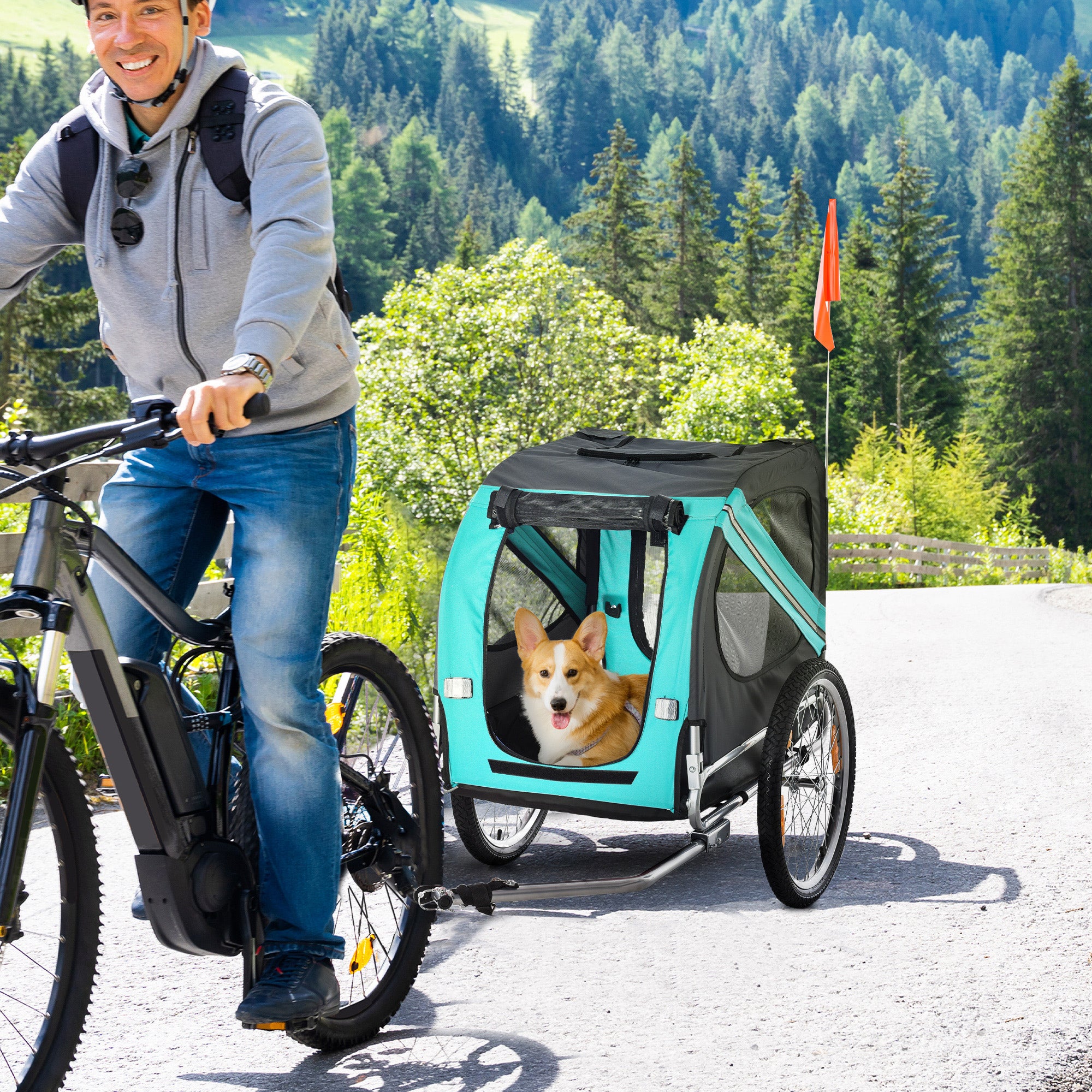 PawHut Folding Dog Bike Trailer Pet Cart Carrier for Bicycle Travel in Steel Frame with Hitch Coupler - Light Blue & Grey 