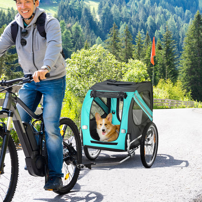 PawHut Folding Dog Bike Trailer Pet Cart Carrier for Bicycle Travel in Steel Frame with Hitch Coupler - Light Blue & Grey 