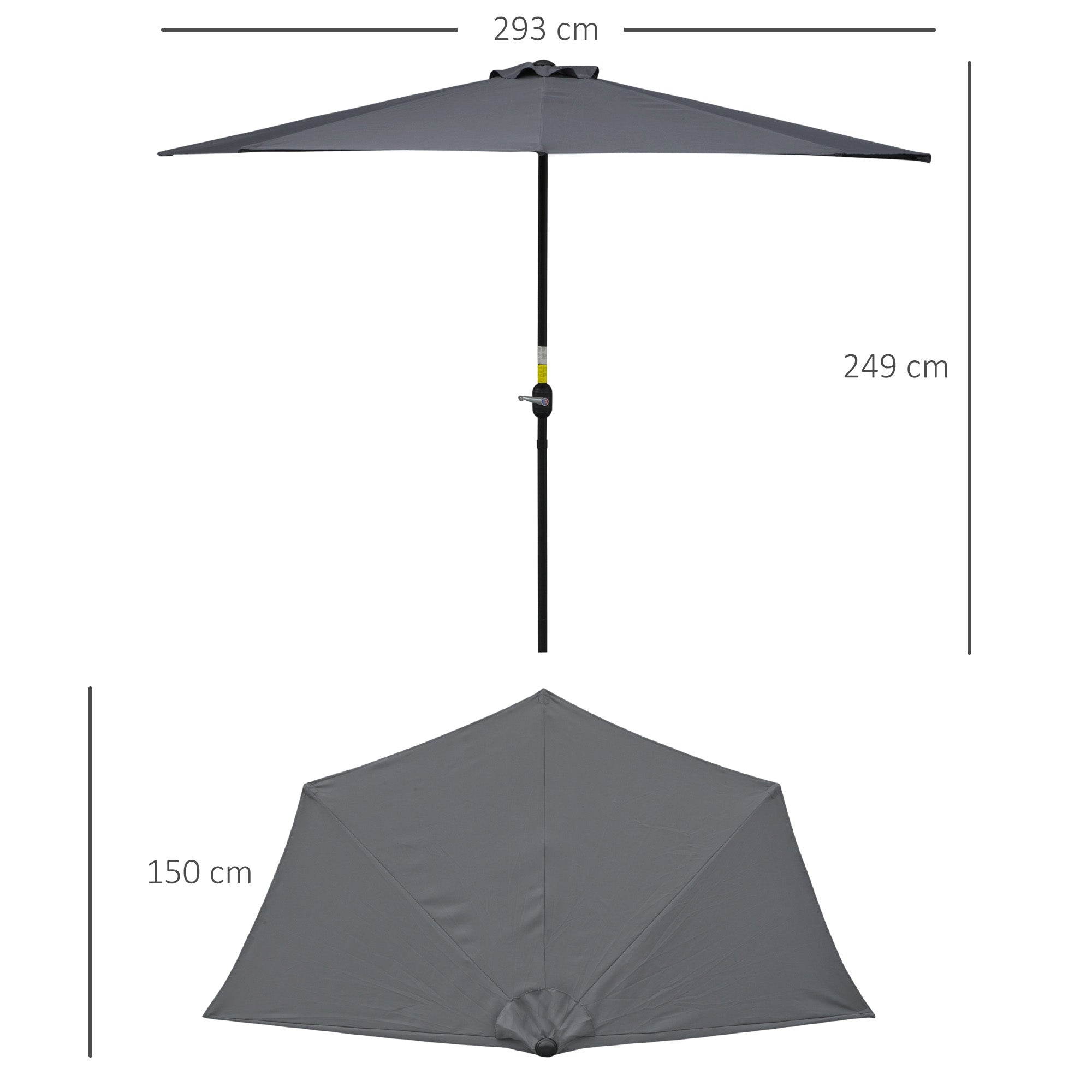 Outsunny 3(m) Half Parasol Semi Round Umbrella Patio Metal Frame Crank Handle for Balcony-- NO BASE INCLUDED, Grey 